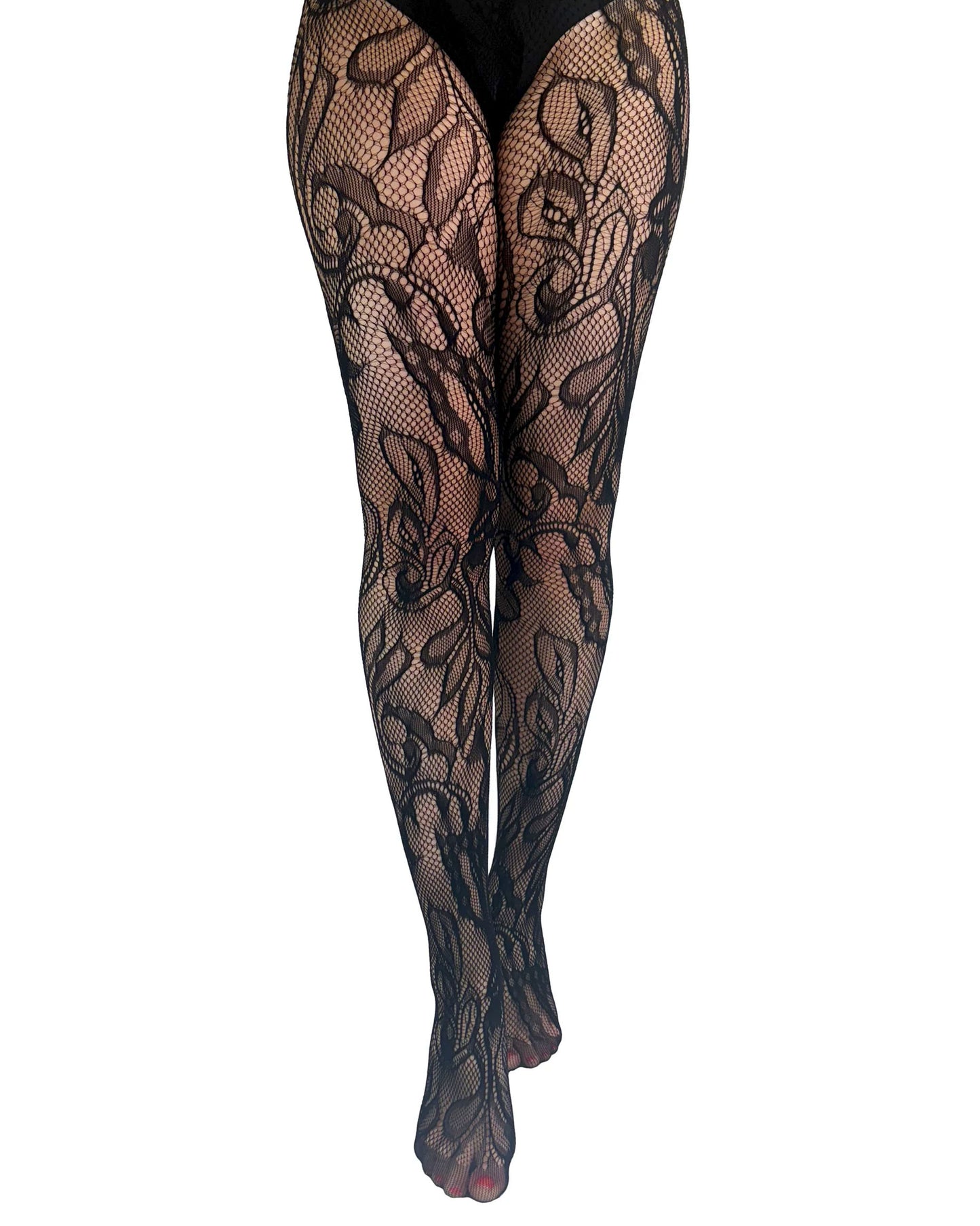 Pamela Mann Botanical Lace Tights - Black net design tights featuring an abstract leaf pattern that wraps around the leg and has reinforced toes, front view.