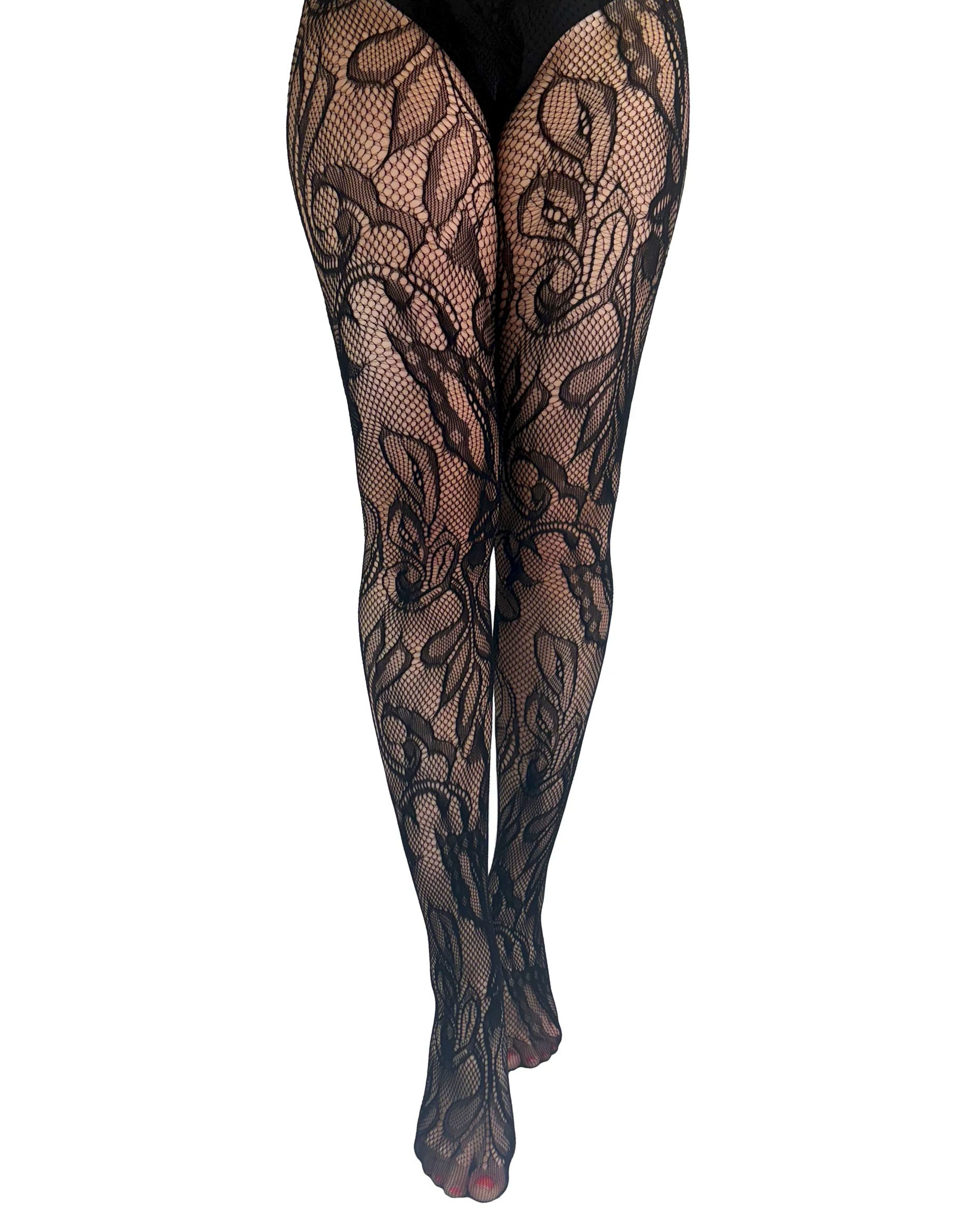 Pamela Mann Botanical Lace Tights - Black net design tights featuring an abstract leaf pattern that wraps around the leg and has reinforced toes, front view.