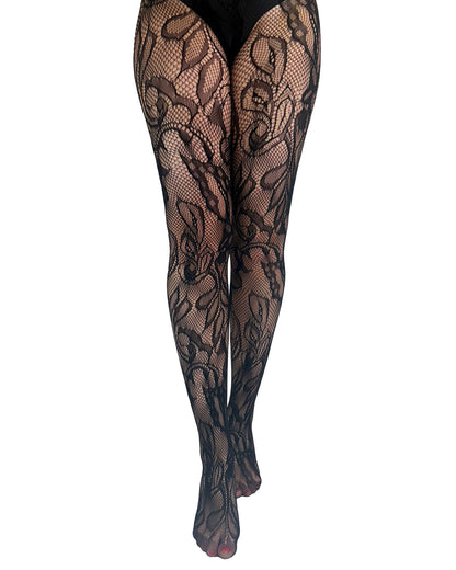 Pamela Mann Botanical Lace Tights - Black net design tights featuring an abstract leaf pattern that wraps around the leg and has reinforced toes, front view.