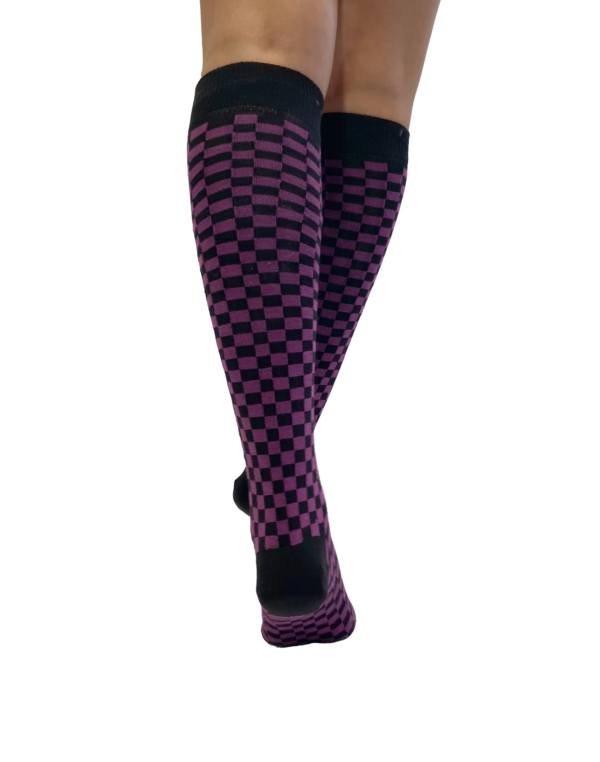 Pamela Mann Checkered Knee-Highs - Black and purple checkered square patterned knee-high cotton socks with black cuff, toe and heel.