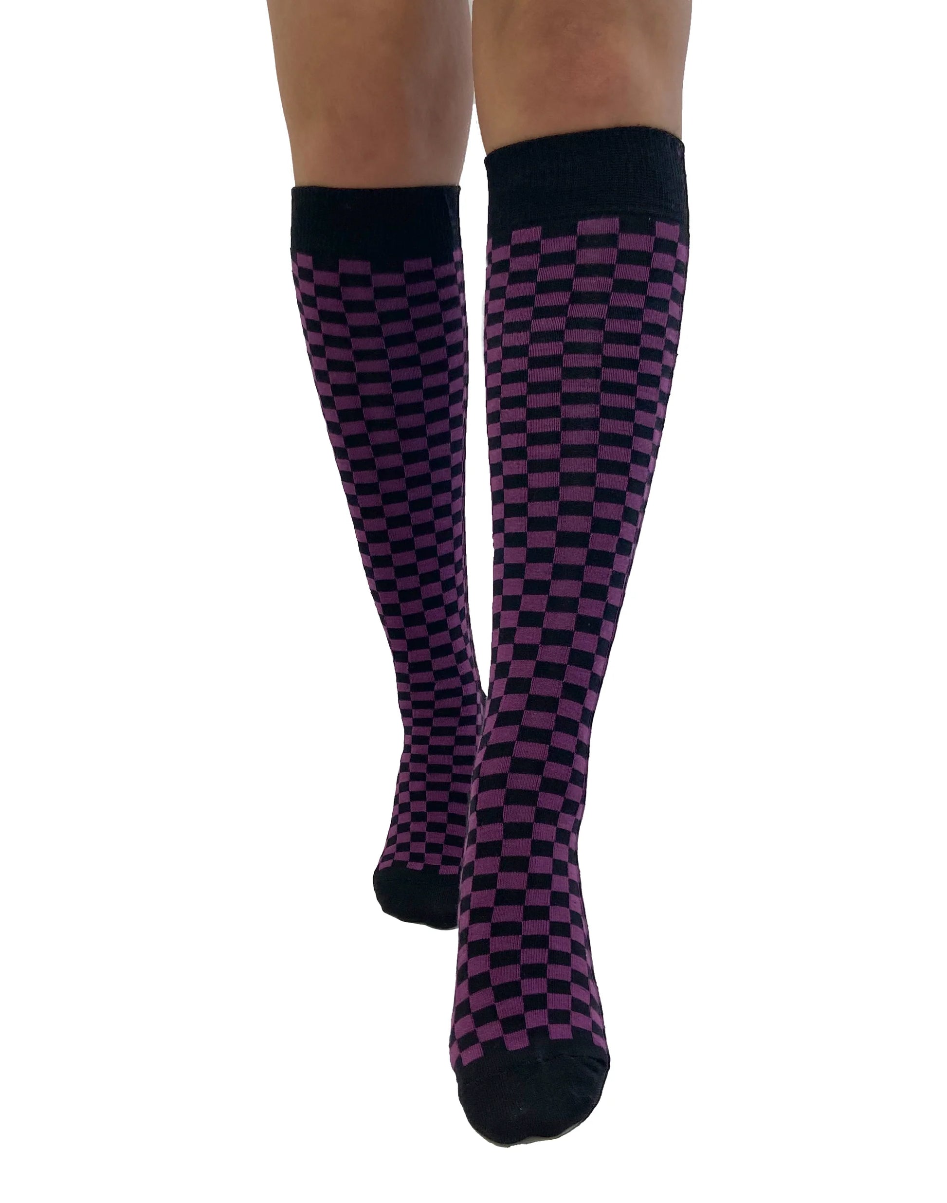 Pamela Mann Checkered Knee-Highs - Black and purple checkered square patterned knee-high cotton socks with black cuff, toe and heel.