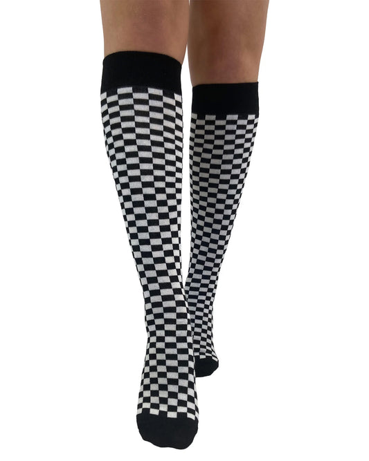 Pamela Mann Checkered Knee-Highs - Black and white checkered square patterned knee-high cotton socks with black cuff, toe and heel. Front view.