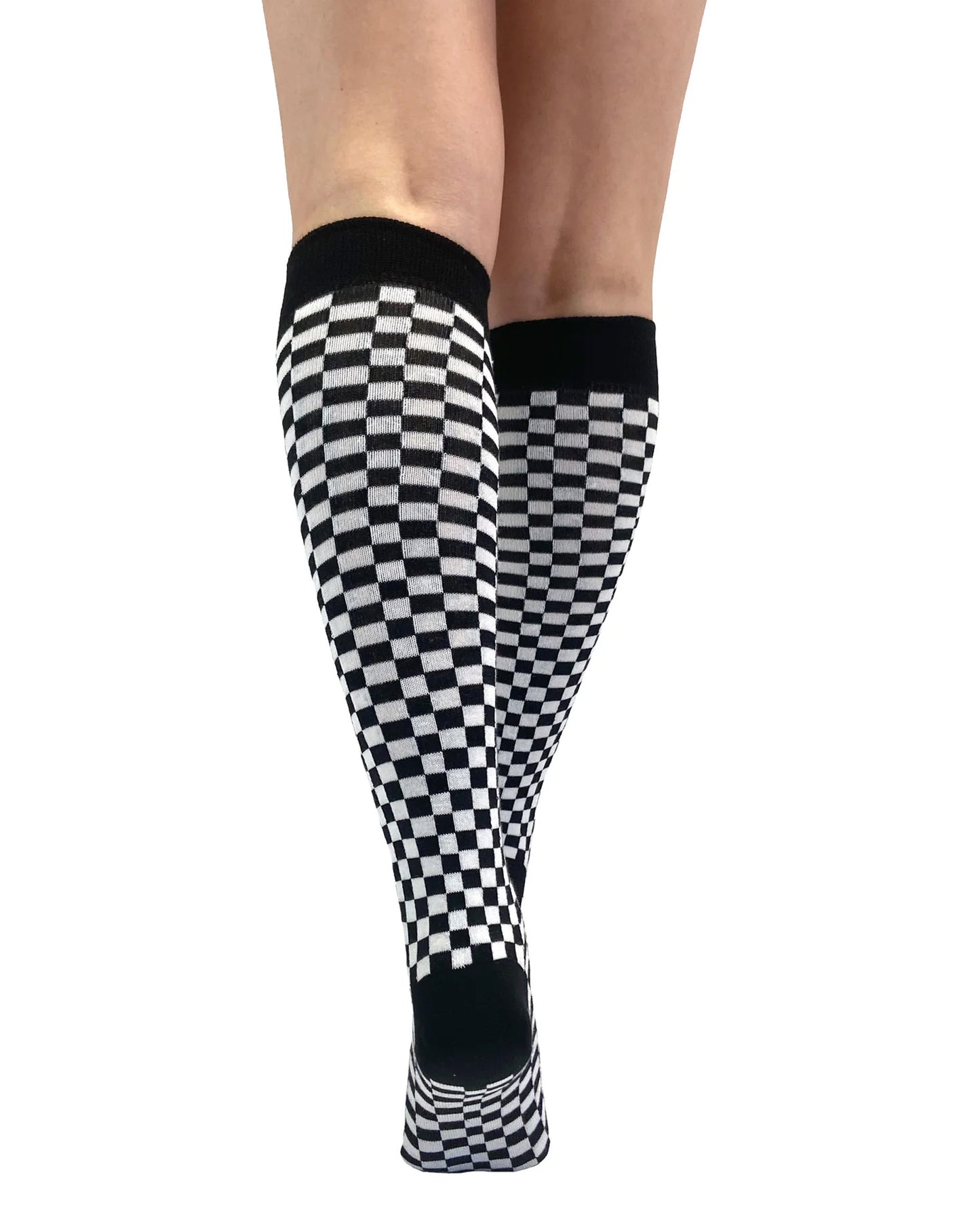 Pamela Mann Checkered Knee-Highs - Black and white checkered square patterned knee-high cotton socks with black cuff, toe and heel. Back view.