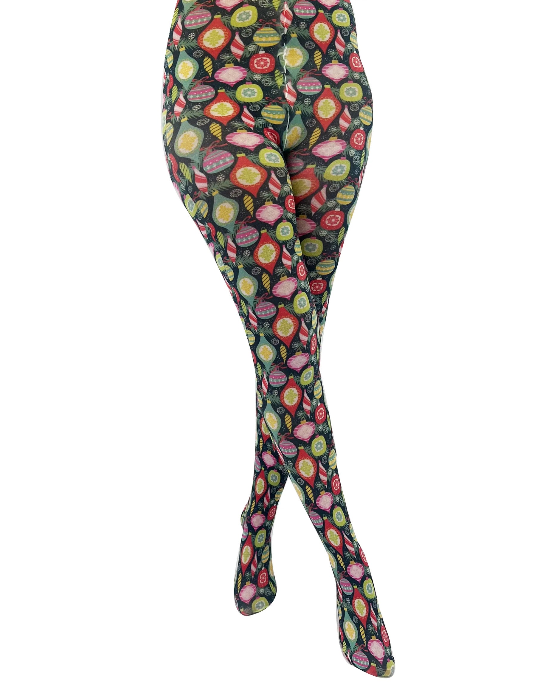 Pamela Mann Christmas Bauble Printed Tights - Xmas themed printed tights of multicoloured bauble tree decorations on a black background.