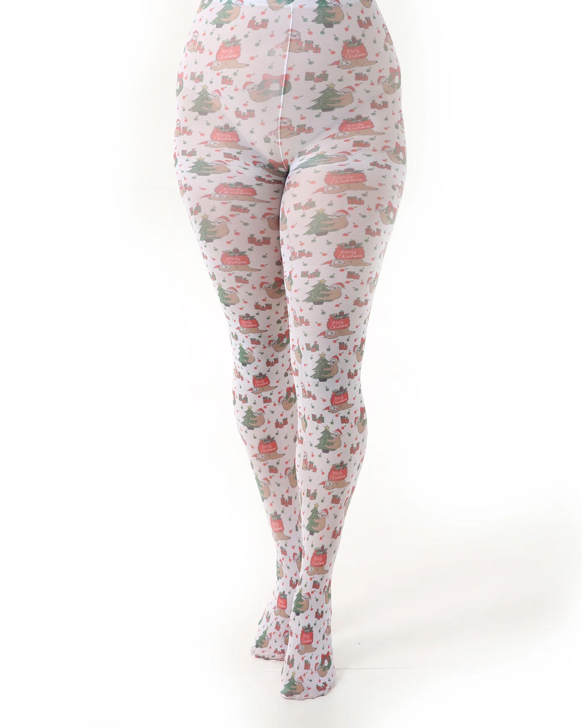 Pamela Mann Christams Sloth Tights - Novelty Christams tights with sloths and Xmas trees and wreaths printed pattern.