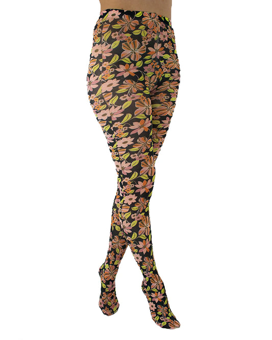 Pamela Mann Colour Pop Floral Printed Tights - White opaque tights with a floral print pattern in shades of pink, orange, lime and khaki green on a black background.