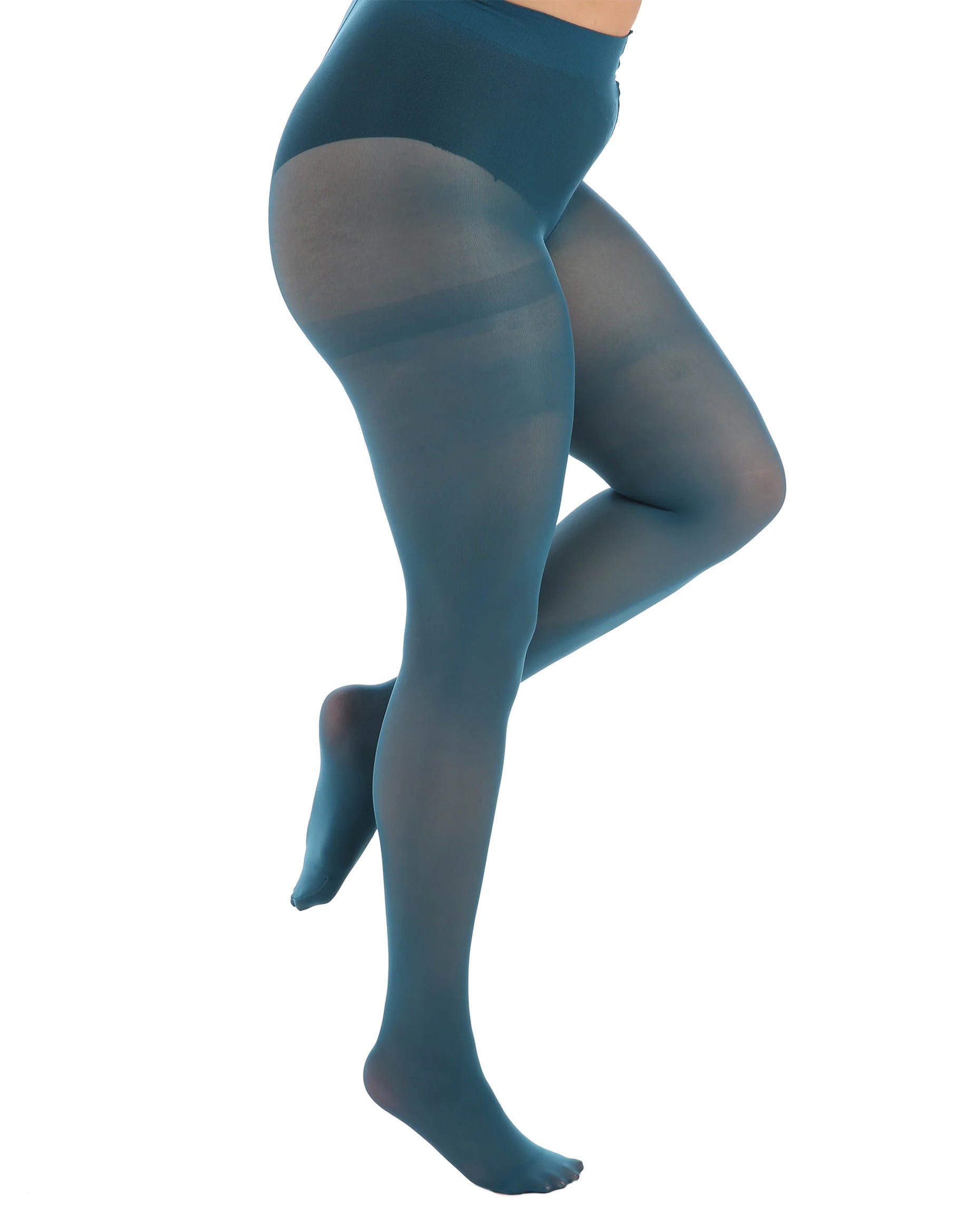 Pamela Mann Curvy Opaque Tights - Teal green super stretch 50 denier plus size tights with a high waist.