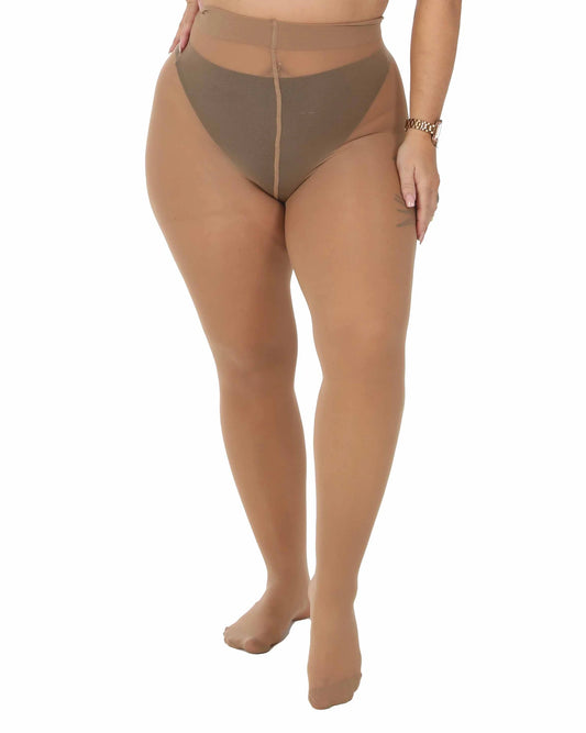 Pamela Mann Sheer Curvy Tights - Sheer tan extra stretch tights that are designed for the curvy fuller plus size figure. They are high rise with a deep waist band, they have a wider thigh fit, flat seams and have a light leg support to enhance overall comfort