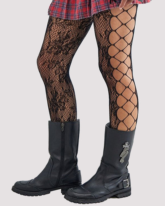 Pamela Mann Cutwork Lace Tights - Black openwork tights with a floral fishnet lace pattern and open lace up style side panel.