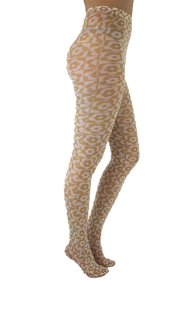 Pamela Mann Floral Checkerboard - White opaque fashion tights with an all over flower and chess board print in beige.