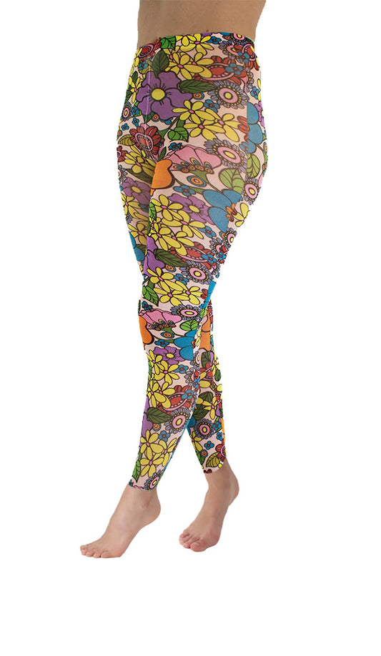 Pamela Mann Flower Power Footless Tights - Pale pink opaque footless tights with a sixties style flower print pattern in bright shades of purple, yellow, blue, red, pink, orange and outlined in black.