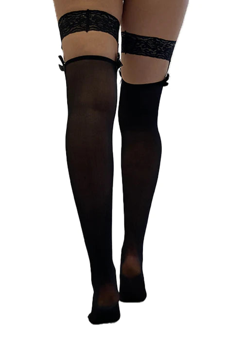 Pamela Mann Lace & Bow Garter Stockings - Black lace hold-up thigh bands with straps and bows attached to opaque stockings.