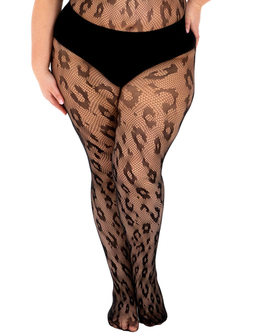 Leopard print fishnet tights worn by a plus size model wearing black panty briefs.