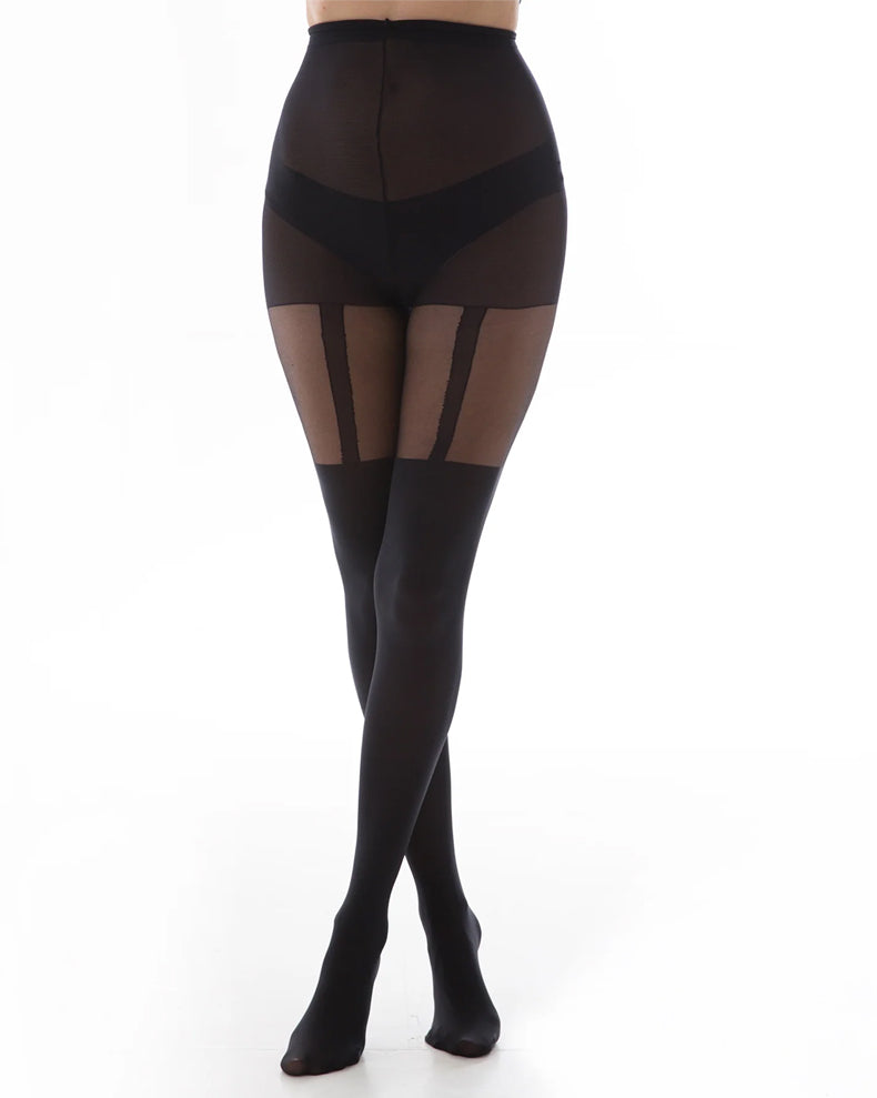 Pamela Mann Plain Stripe Tights - Sheer black tights with opaque suspender and stocking effect design