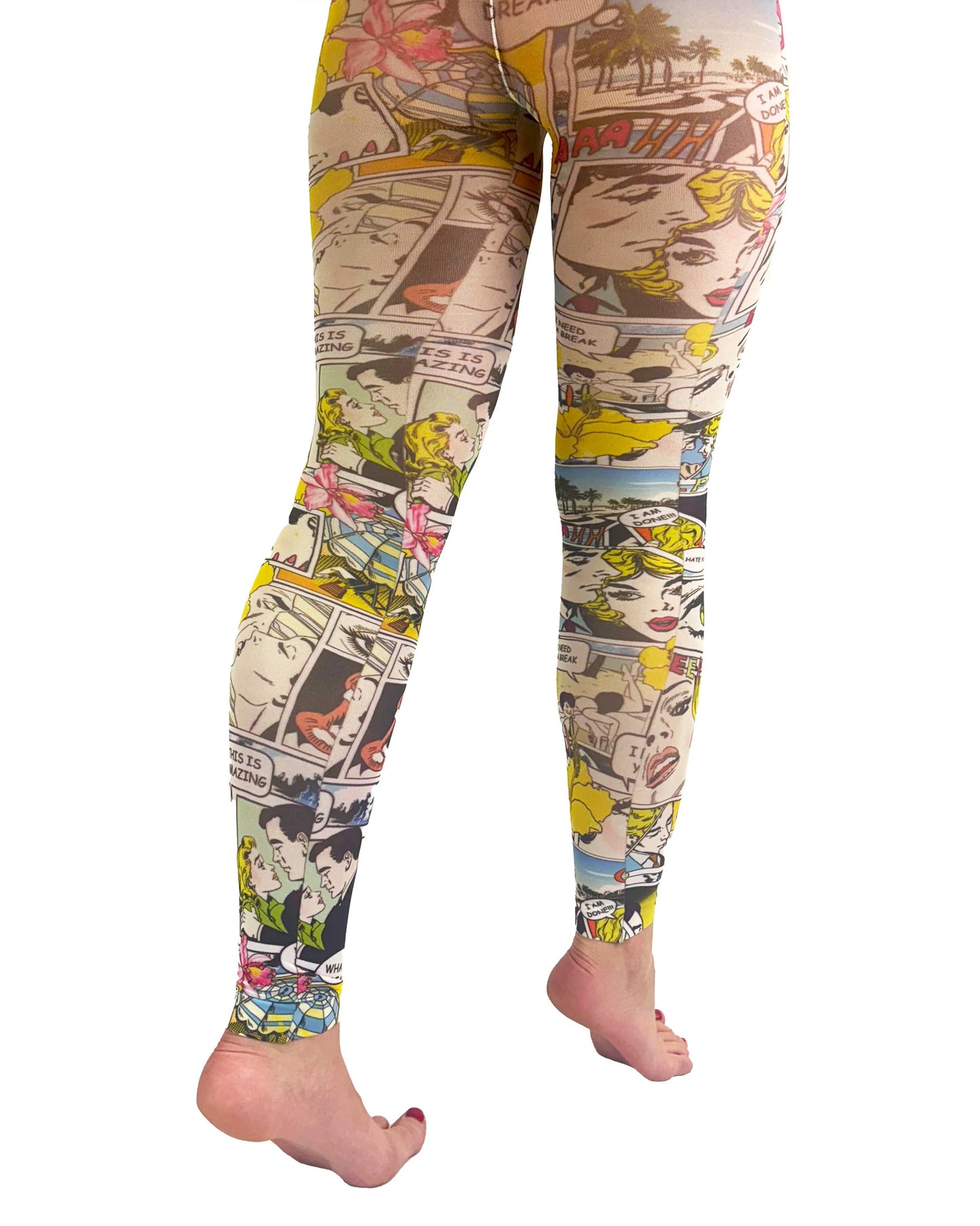Pamela Mann Paradise Island Footless Tights - White opaque all over multicoloured comic book style printed leggings with a Hawaiian beach style vibe. Back view.