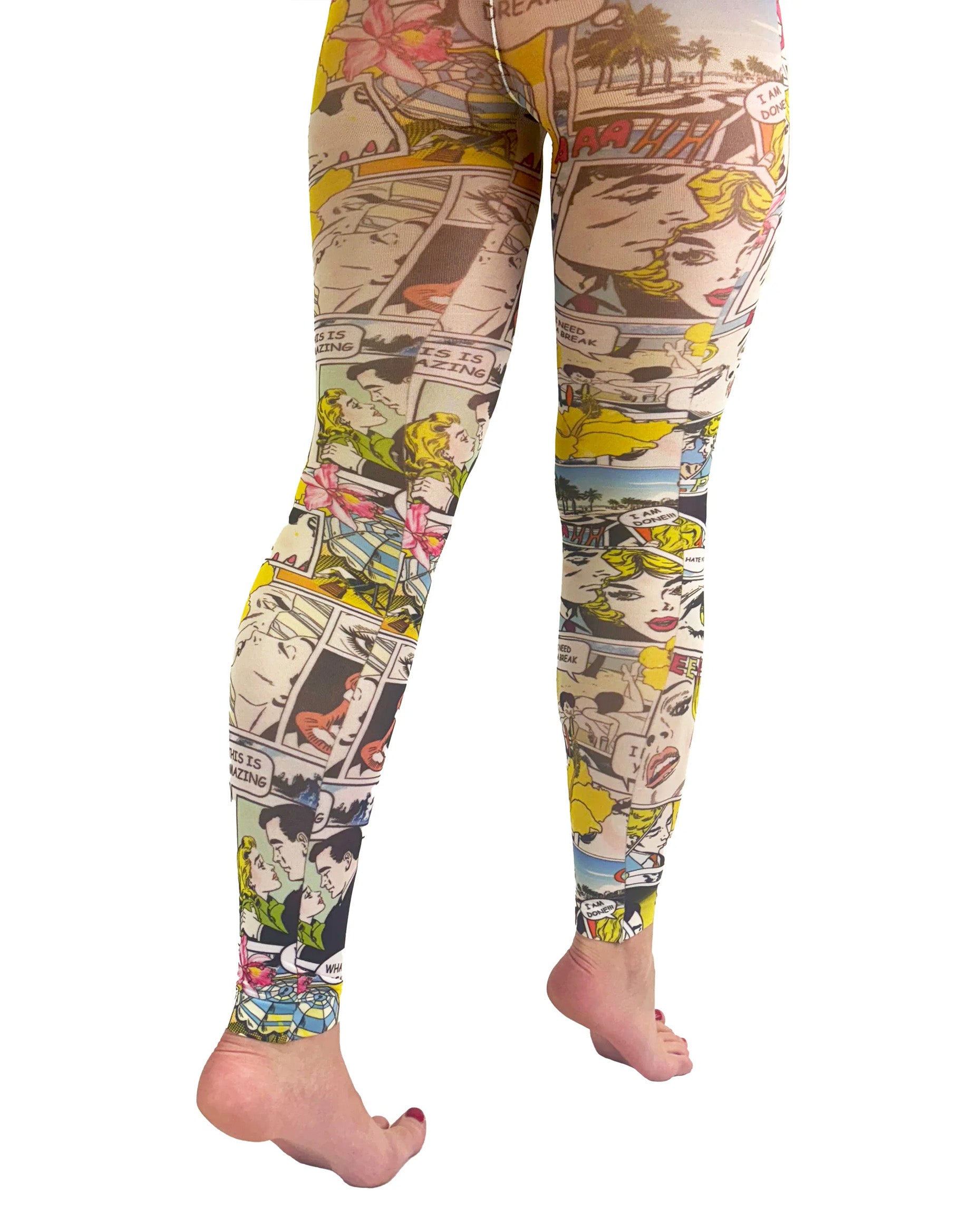 Pamela Mann Paradise Island Footless Tights - White opaque all over multicoloured comic book style printed leggings with a Hawaiian beach style vibe. Back view.