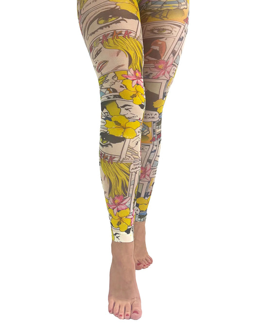 Pamela Mann Paradise Island Footless Tights - White opaque all over multicoloured comic book style printed leggings with a Hawaiian beach style vibe.