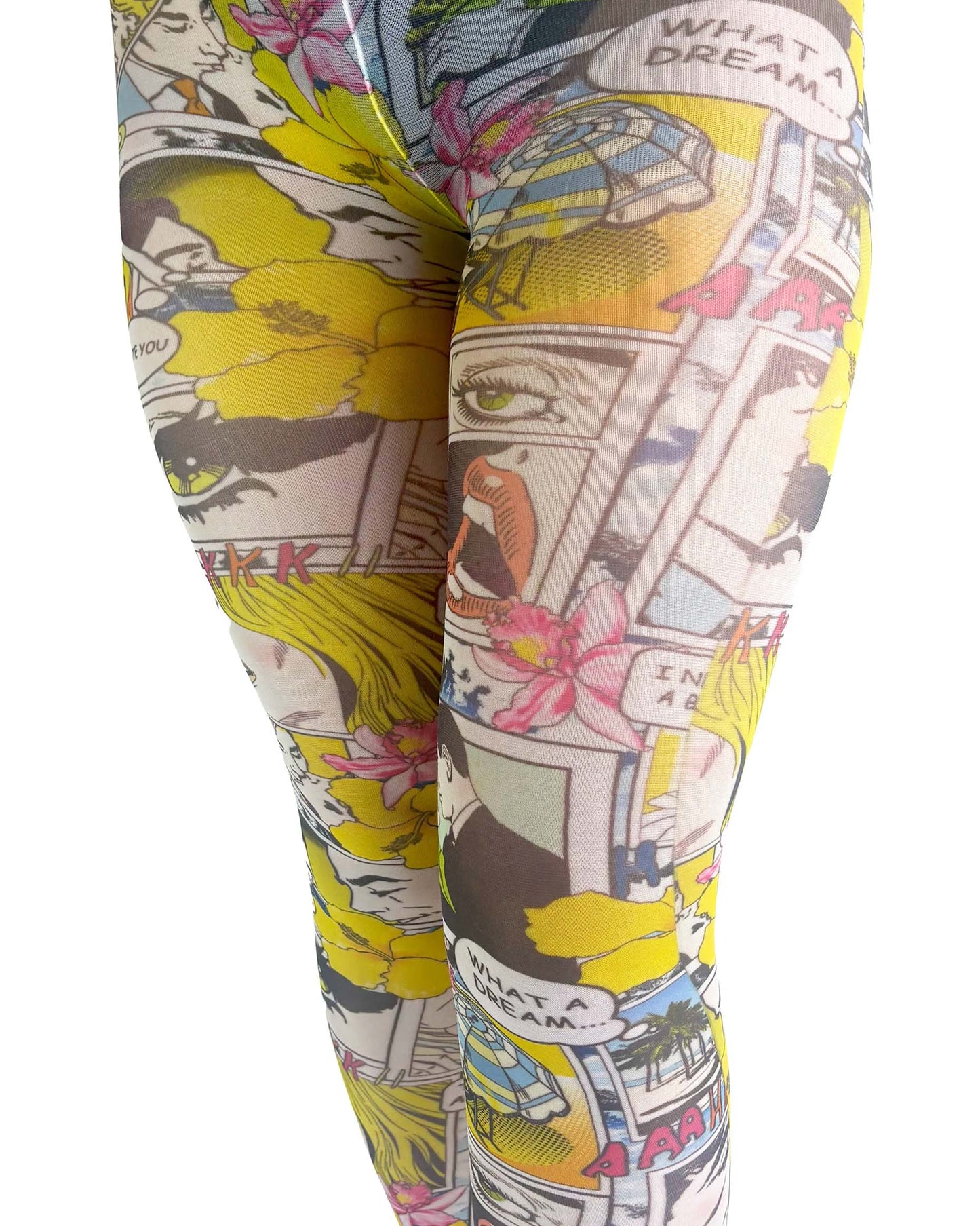 Pamela Mann Paradise Island Footless Tights - White opaque all over multicoloured comic book style printed leggings with a Hawaiian beach style vibe.