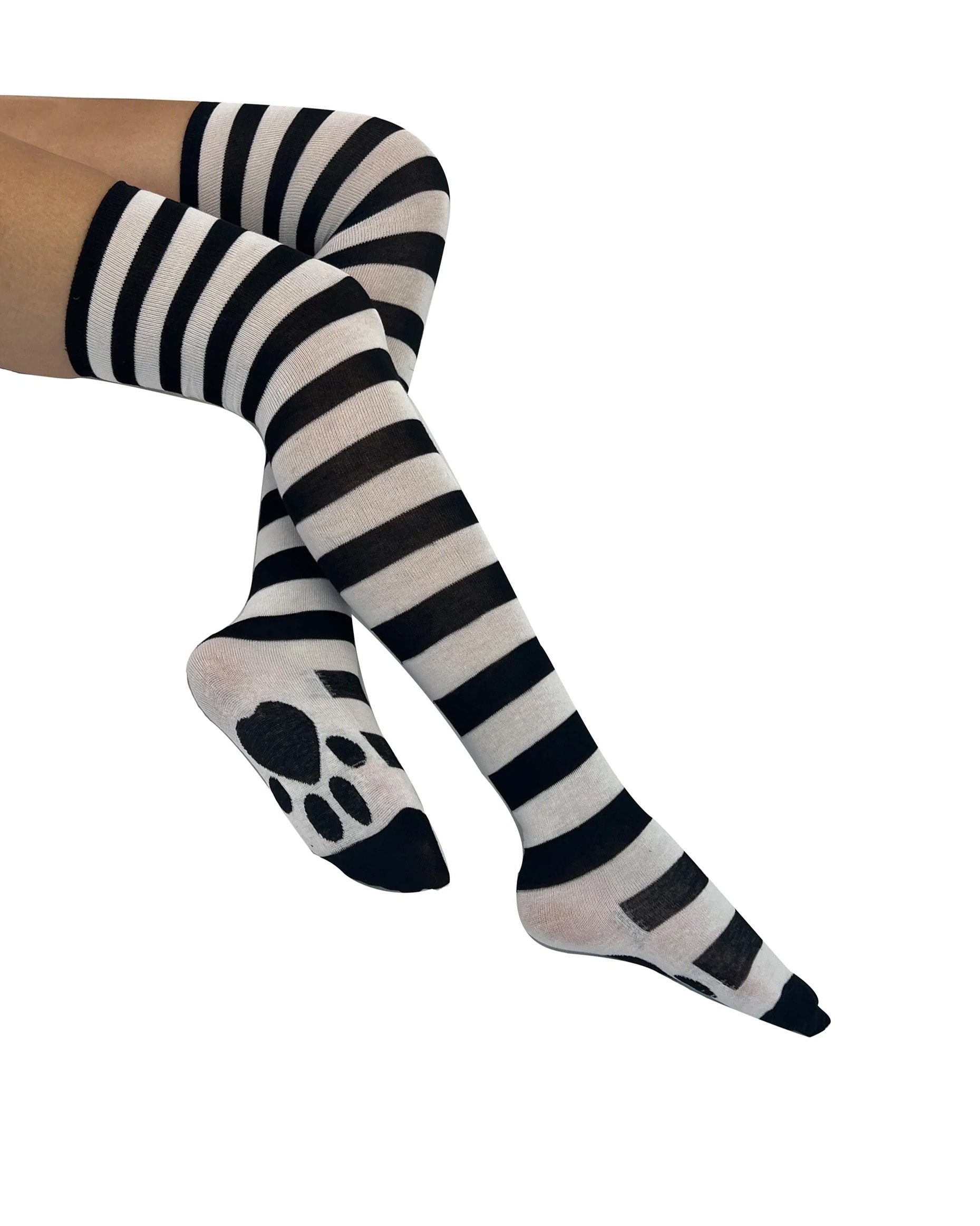 Pamela Mann Over-Knee Paw Socks - Black and white horizontal stripe over-knee cotton socks with paws on the soles.
