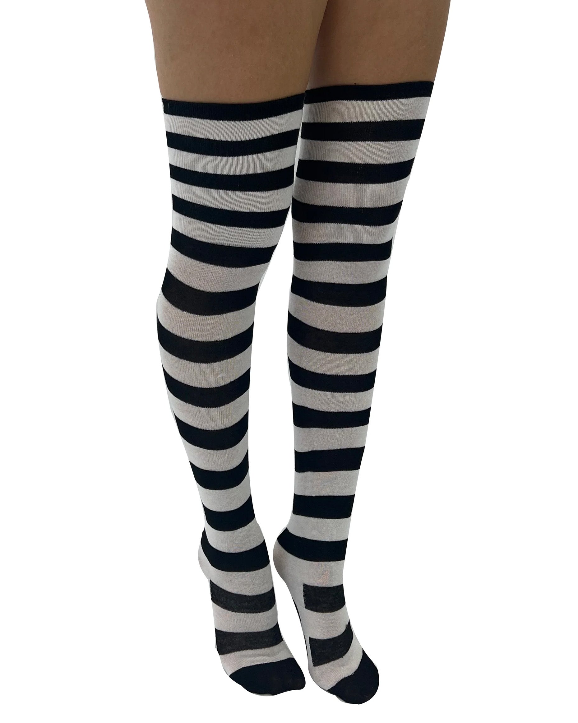 Pamela Mann Over-Knee Paw Socks - Black and white horizontal stripe over-knee cotton socks.