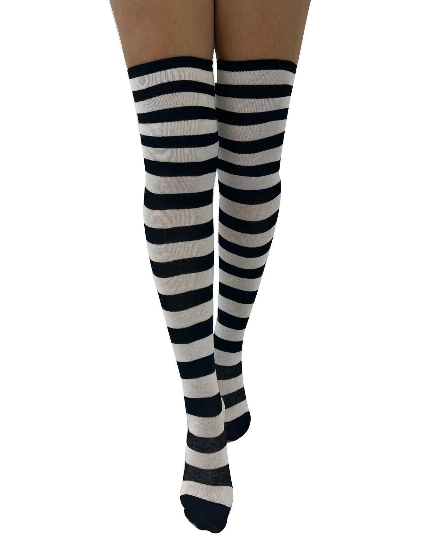 Pamela Mann Over-Knee Paw Socks - Black and white horizontal striped over the knee cotton socks.