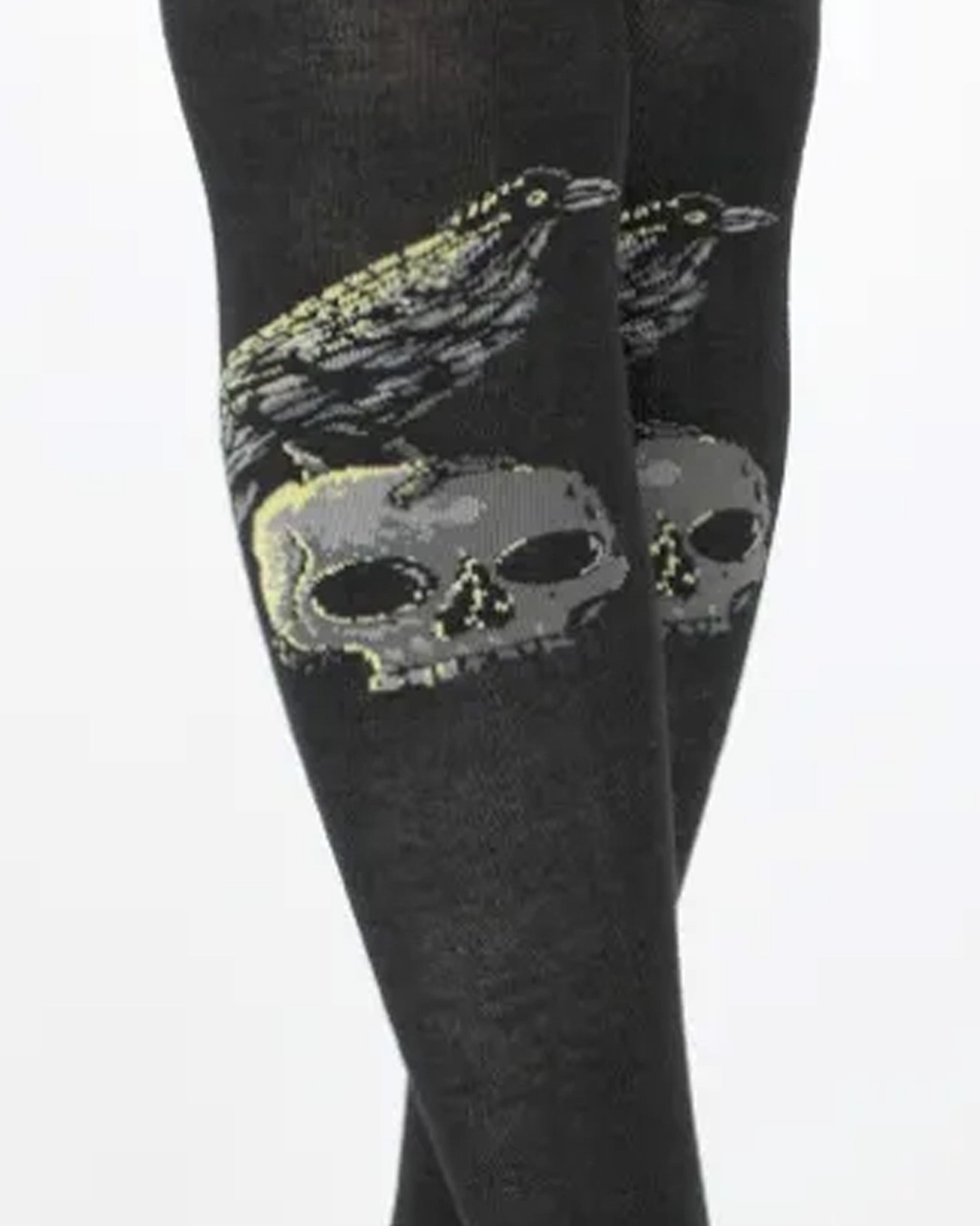 Pamela Mann Raven Skull Over The Knee Socks - Black cotton over the knee socks with a motif of a raven perched on top of a skull in grey and pale green and a deep elasticated cuff.