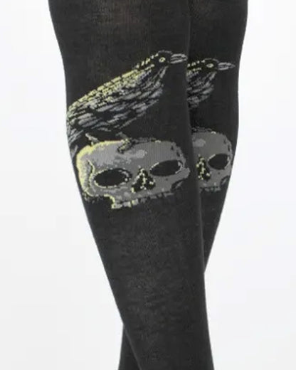 Pamela Mann Raven Skull Over The Knee Socks - Black cotton over the knee socks with a motif of a raven perched on top of a skull in grey and pale green and a deep elasticated cuff.