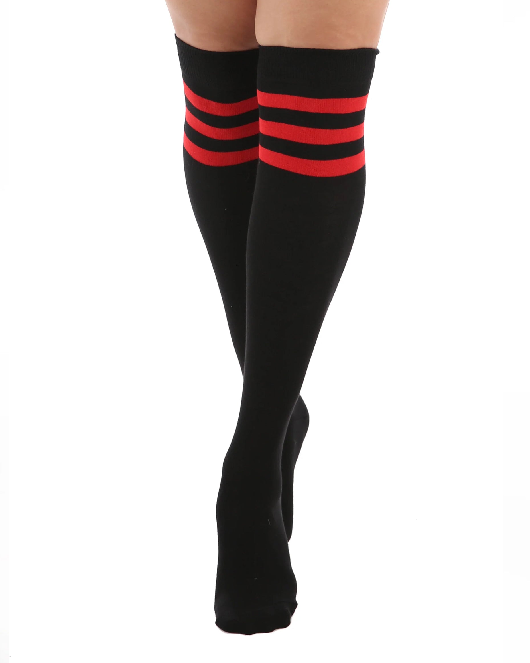 Pamela Mann Referee Over The Knee Socks - black cotton thigh high socks with 3 red stripes