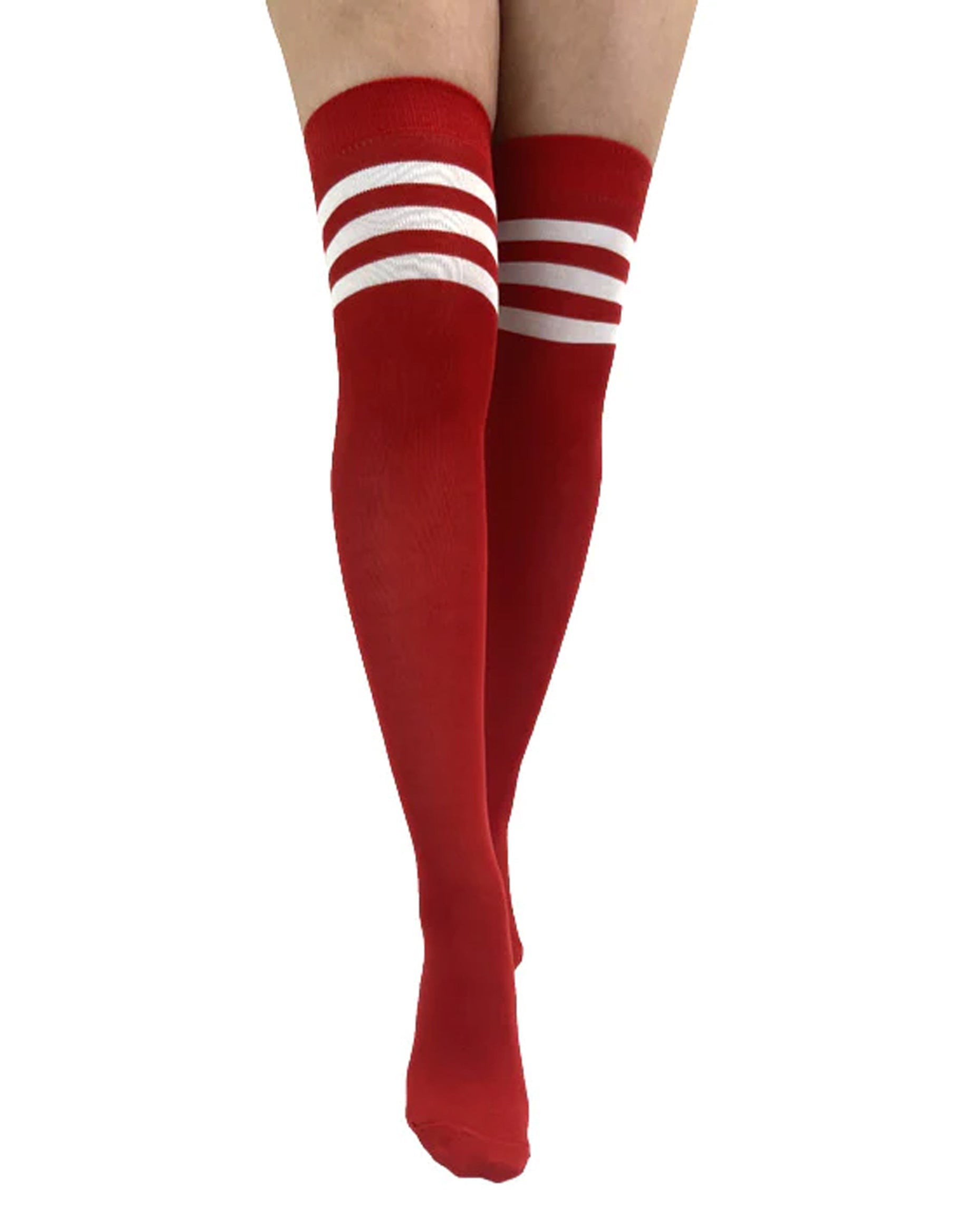 Pamela Mann Referee Over The Knee Socks - Red cotton thigh high socks with 3 white stripes