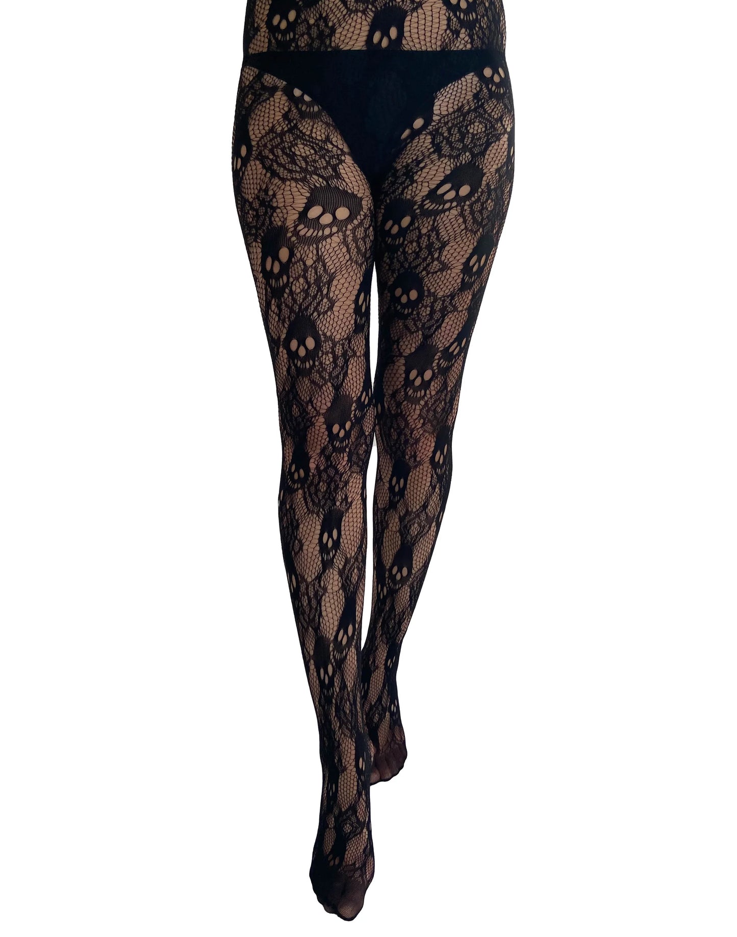 Pamela Mann Rose Skull Net Tights - Black openwork fishnet tights with a roses and skull lace style pattern.