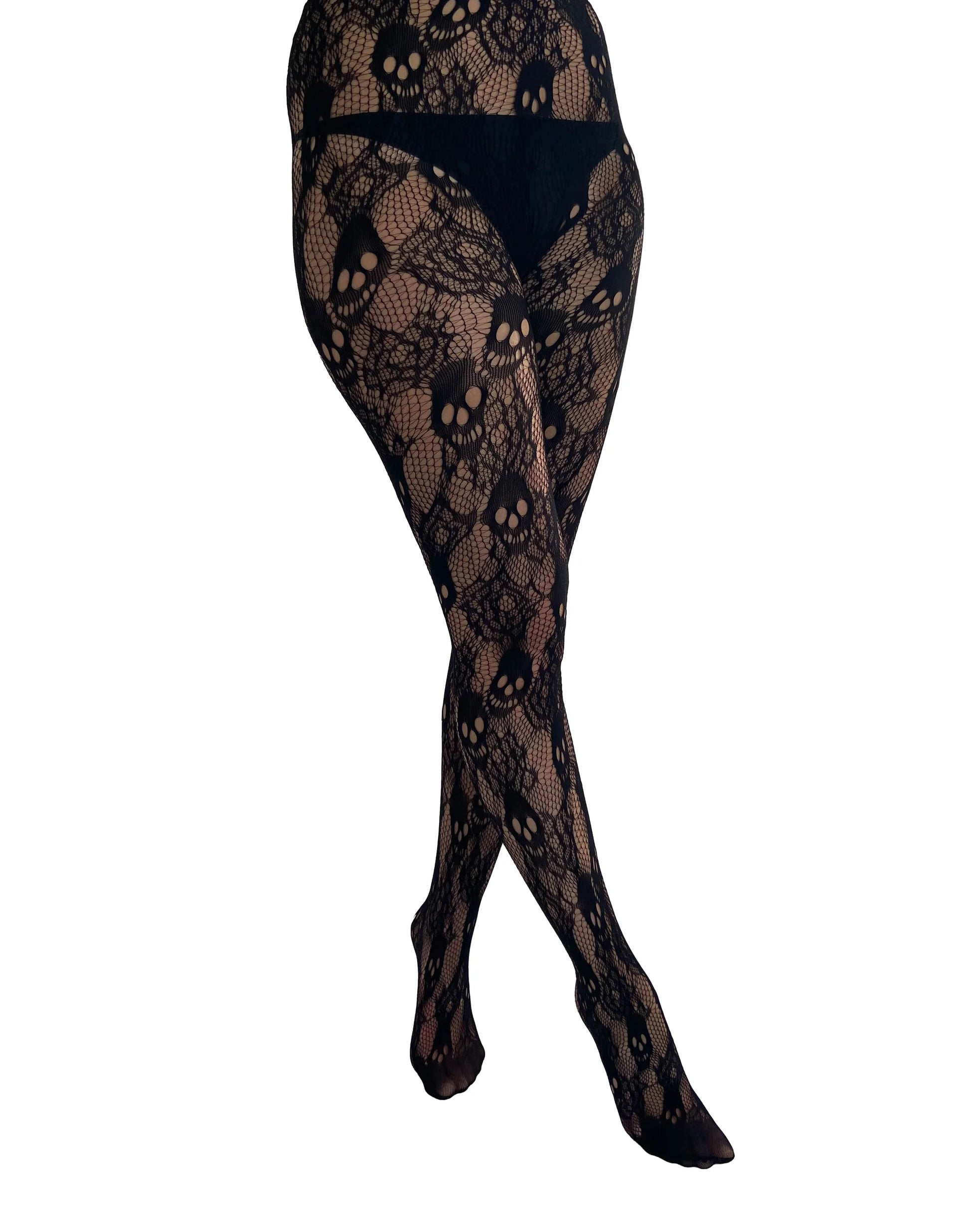 Pamela Mann Rose Skull Net Tights - Black openwork fishnet tights with a roses and skull lace style pattern.