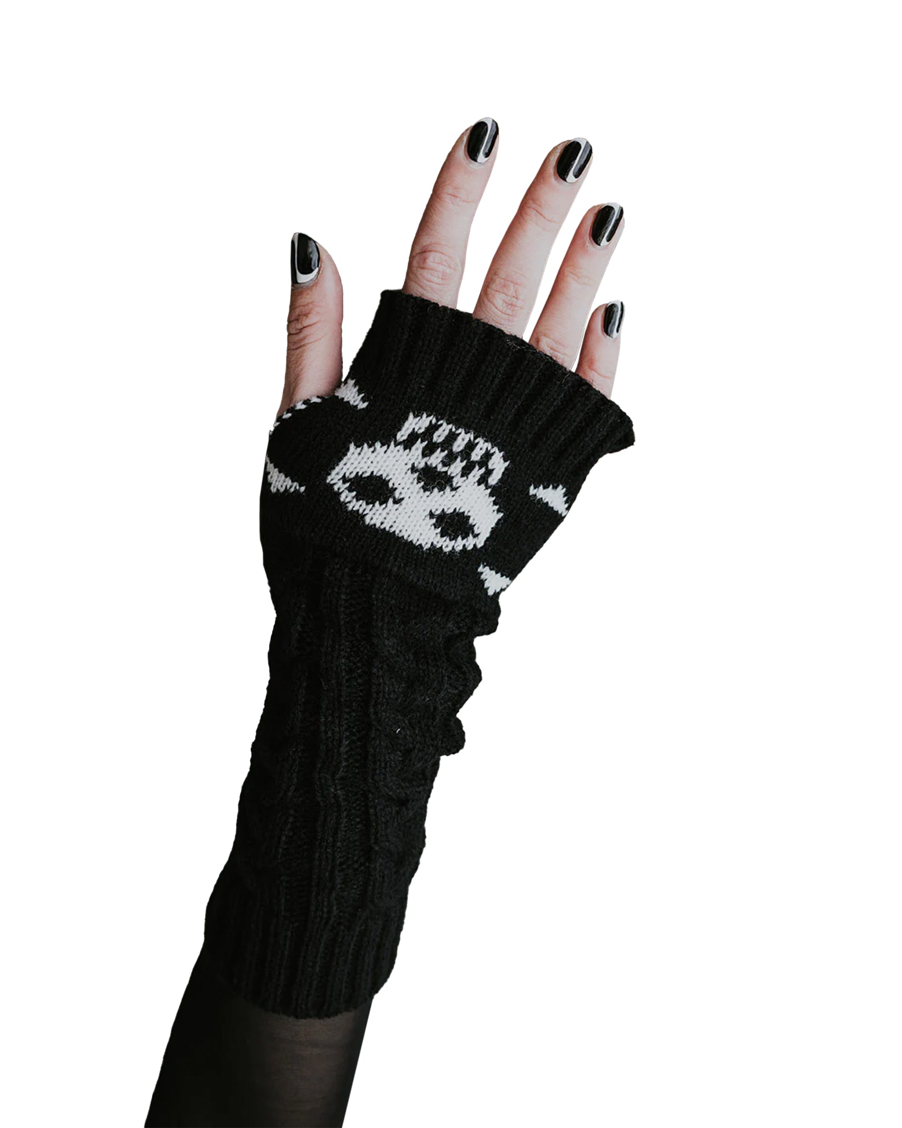 Pamela Mann Skull & Crossbone Fingerless Gloves - Black chunky knitted long fingerless arm warmer sleeves with a stylised skull and crossbone design.