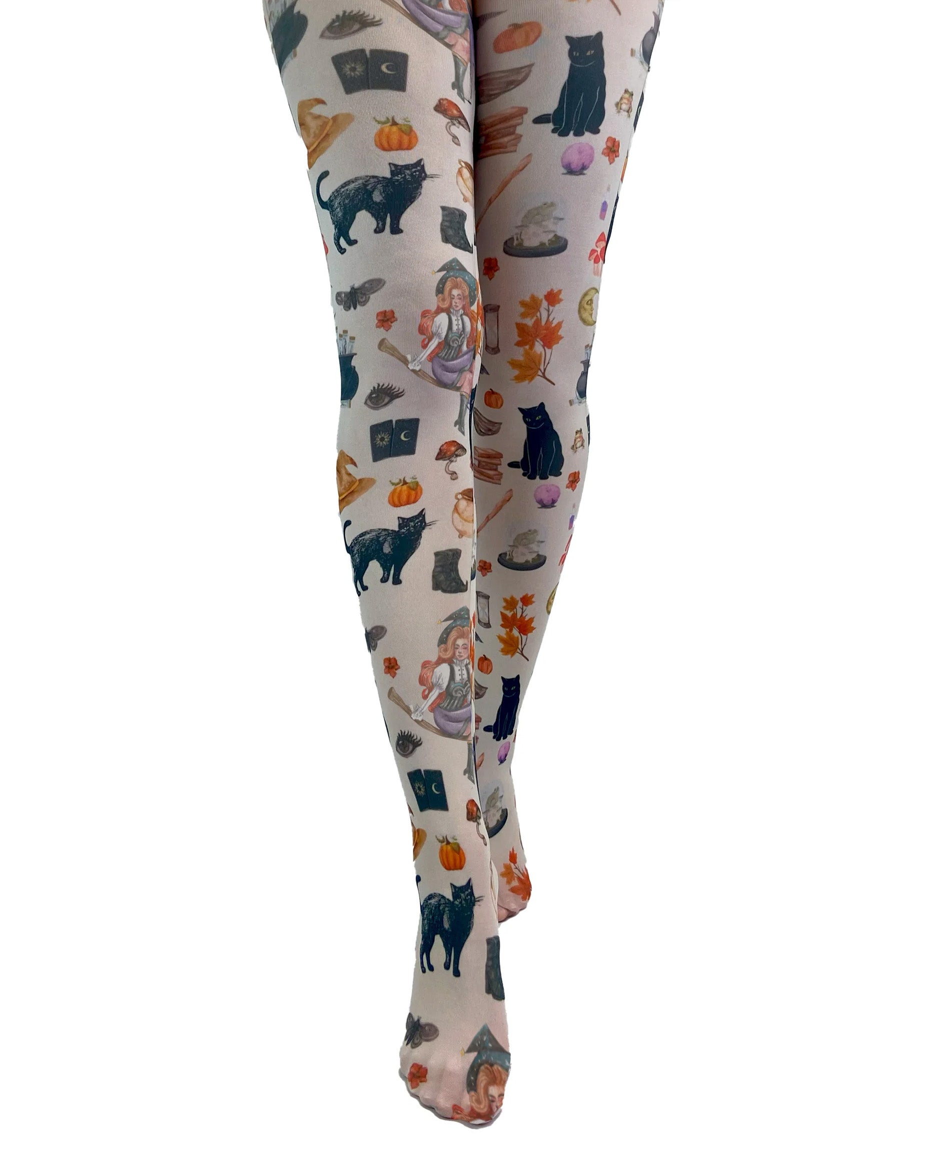 Pamela Mann Spells & Potion Tights - White opaque tights with an all over print of Victorian style Halloween themed illustrations, including pumpkins, cats, witches hats, broom sticks, cauldrons etc.