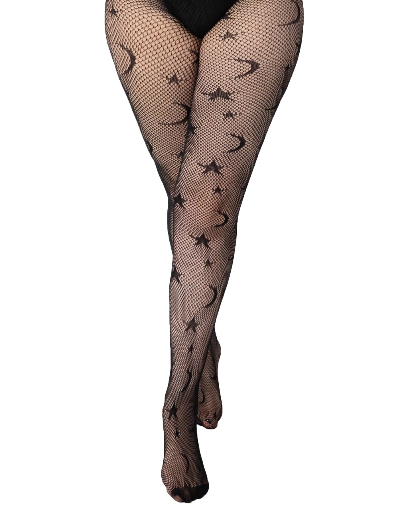Pamela Mann Stars & Moon Tights - Black openwork fashion fishnet tights with an all over stars and moons pattern, seamless body and reinforced toe.