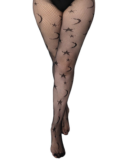 Pamela Mann Stars & Moon Tights - Black openwork fashion fishnet tights with an all over stars and moons pattern, seamless body and reinforced toe.
