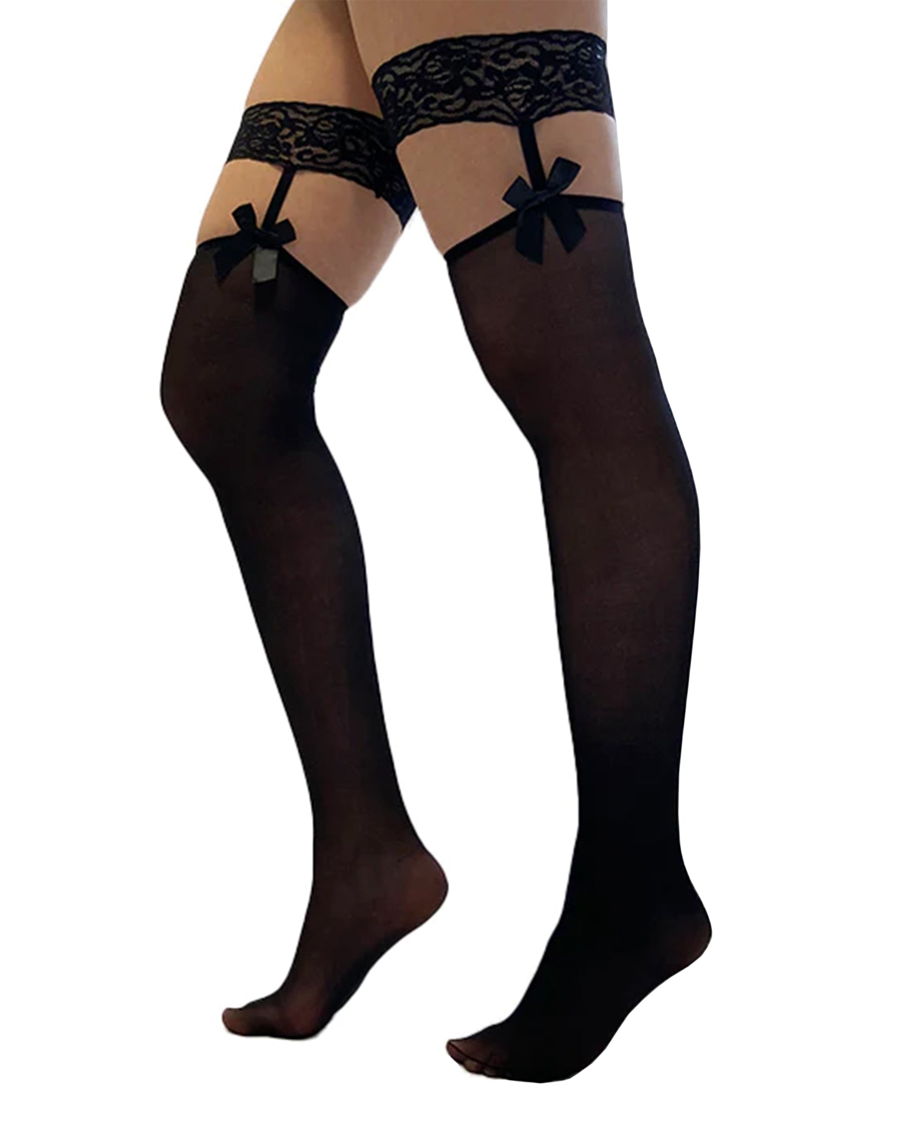 Pamela Mann Lace & Bow Garter Stockings - Black lace hold-up thigh bands with straps and bows attached to opaque stockings.