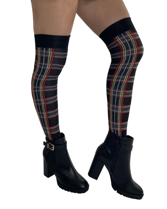 Pamela Mann Tartan Over-Knee Socks - Black cotton mix over the knee long socks with a plaid check pattern in red, yellow and grey.