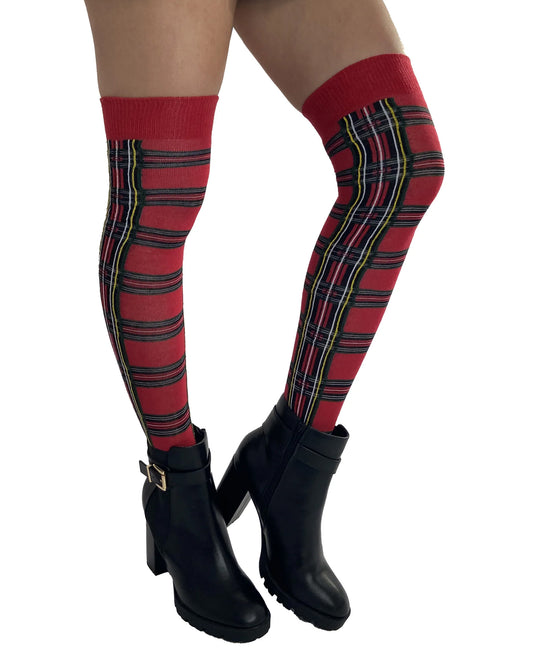 Pamela Mann Tartan Over-Knee Socks - Red cotton mix over the knee long socks with a plaid check pattern in black, yellow and green.