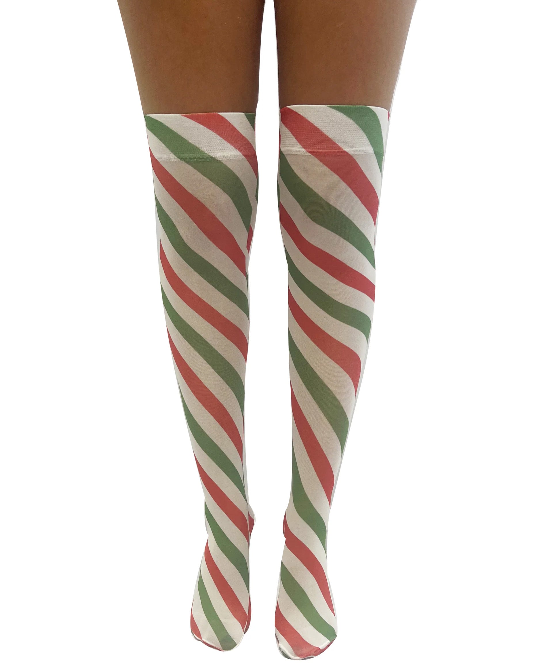 Pamela Mann Candy Cane Printed Over Knee Socks - White opaque over the knee socks with a green and red candy cane style stripe print.