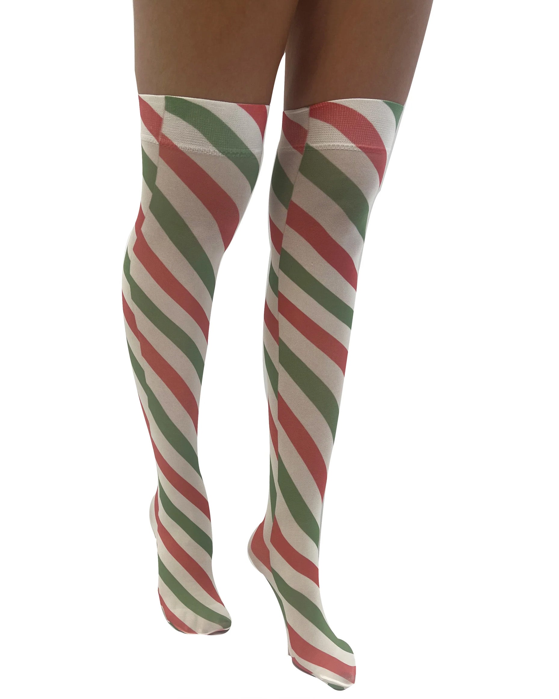 Pamela Mann Candy Cane Printed Over Knee Socks - White opaque over the knee socks with a green and red Christmas candy cane style stripe print.