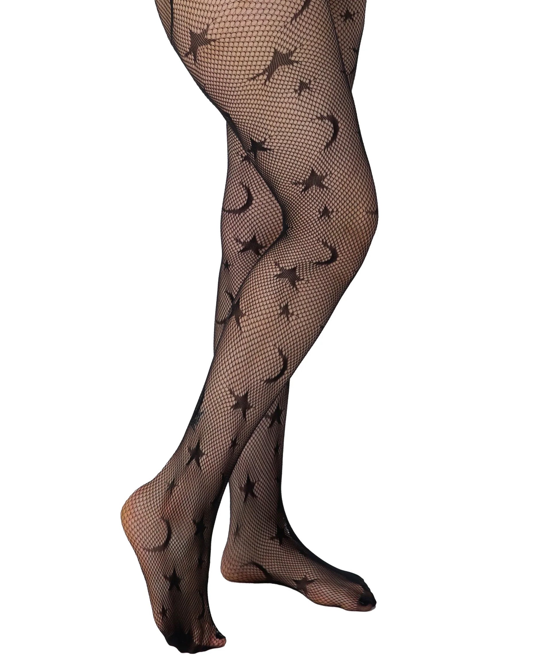 Pamela Mann Stars & Moon Tights - Black openwork fashion fishnet tights with an all over stars and moons pattern, seamless body and reinforced toe.