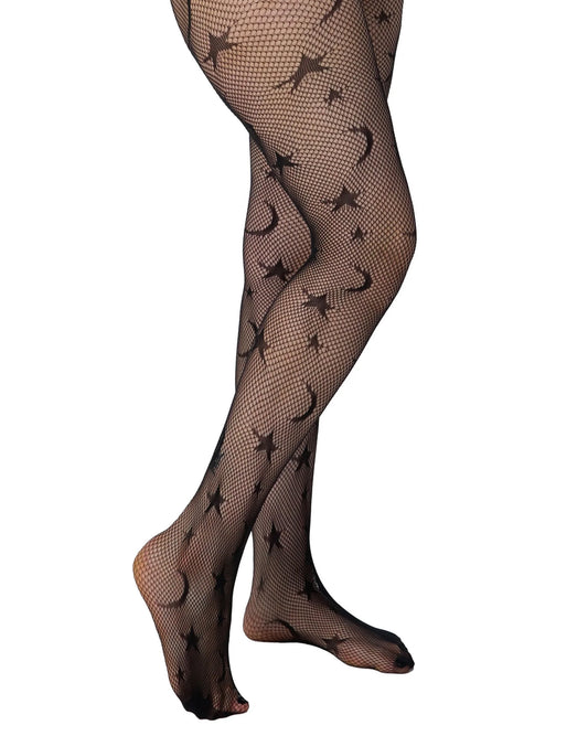 Pamela Mann Stars & Moon Tights - Black openwork fashion fishnet tights with an all over stars and moons pattern, seamless body and reinforced toe.