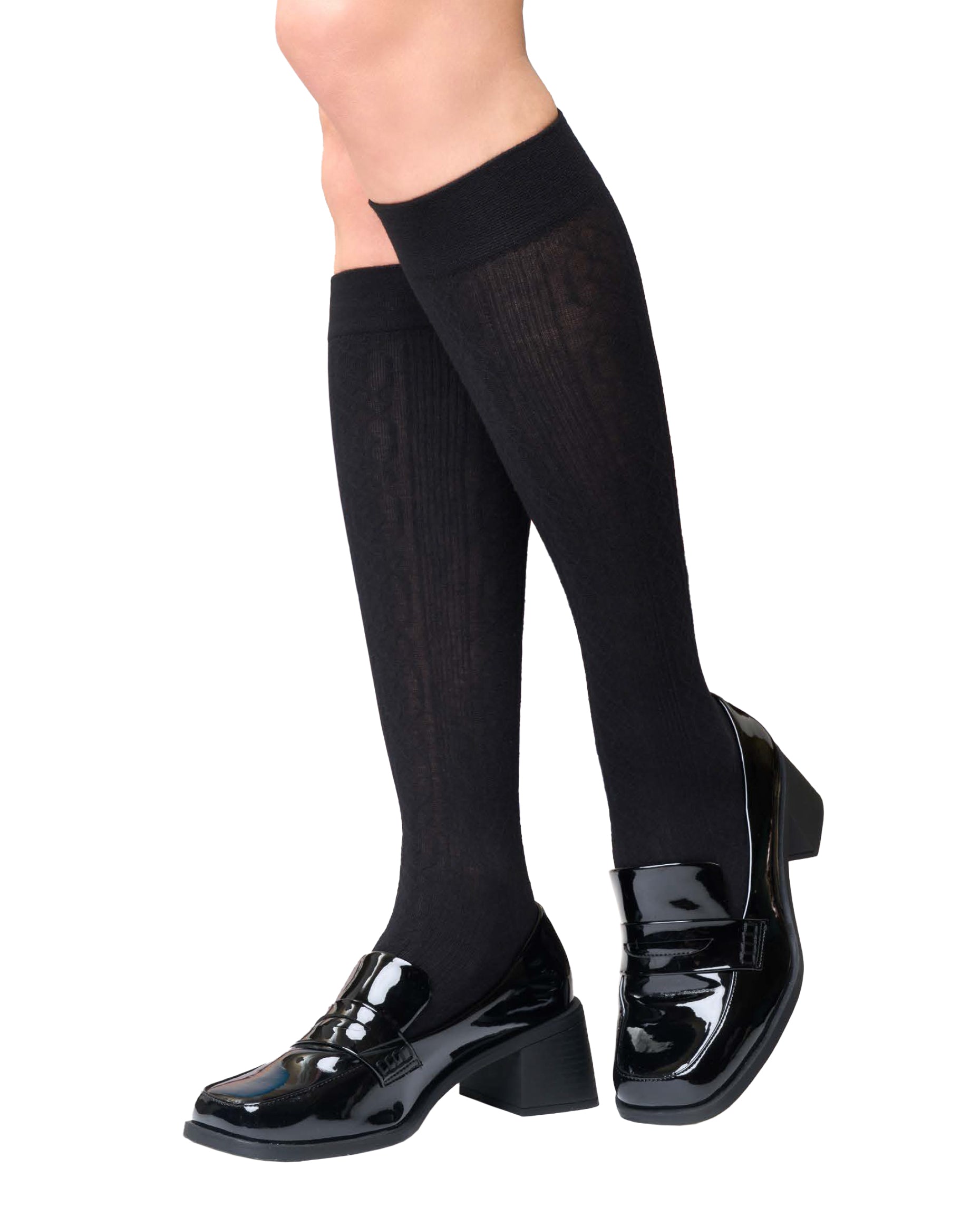 SiSi Heat Gambaletto - Black opaque thermal fashion knee length socks with cotton and wool blend, textured knitted cable/plait style pattern and deep elasticated comfort cuff.