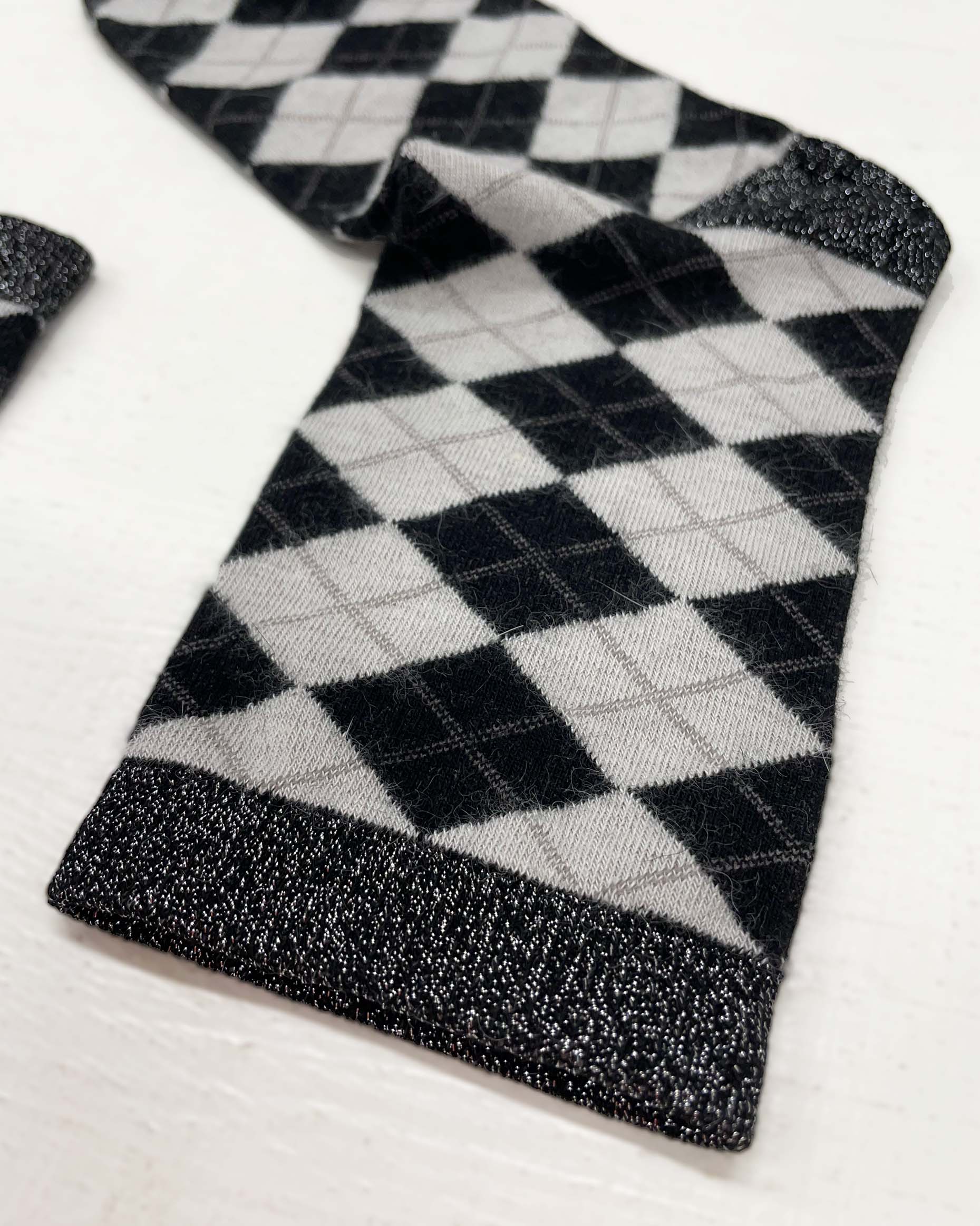 SiSi Scottish Sock Detail - Warm and soft angora mix ankle socks with a diamond tartan / argyle pattern in black and light grey with silver lamé cuff, heel and toe.