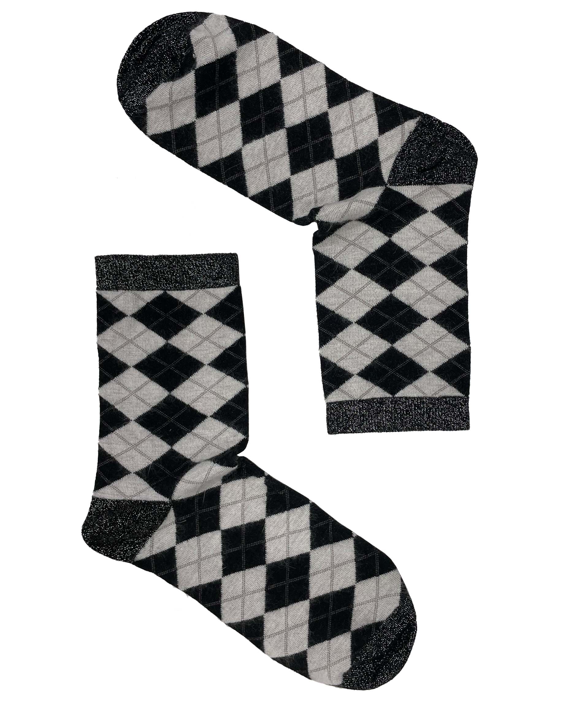 SiSi Scottish Sock - Warm and soft angora mix ankle socks with a diamond tartan / argyle pattern in black and light grey with silver lamé cuff, heel and toe.