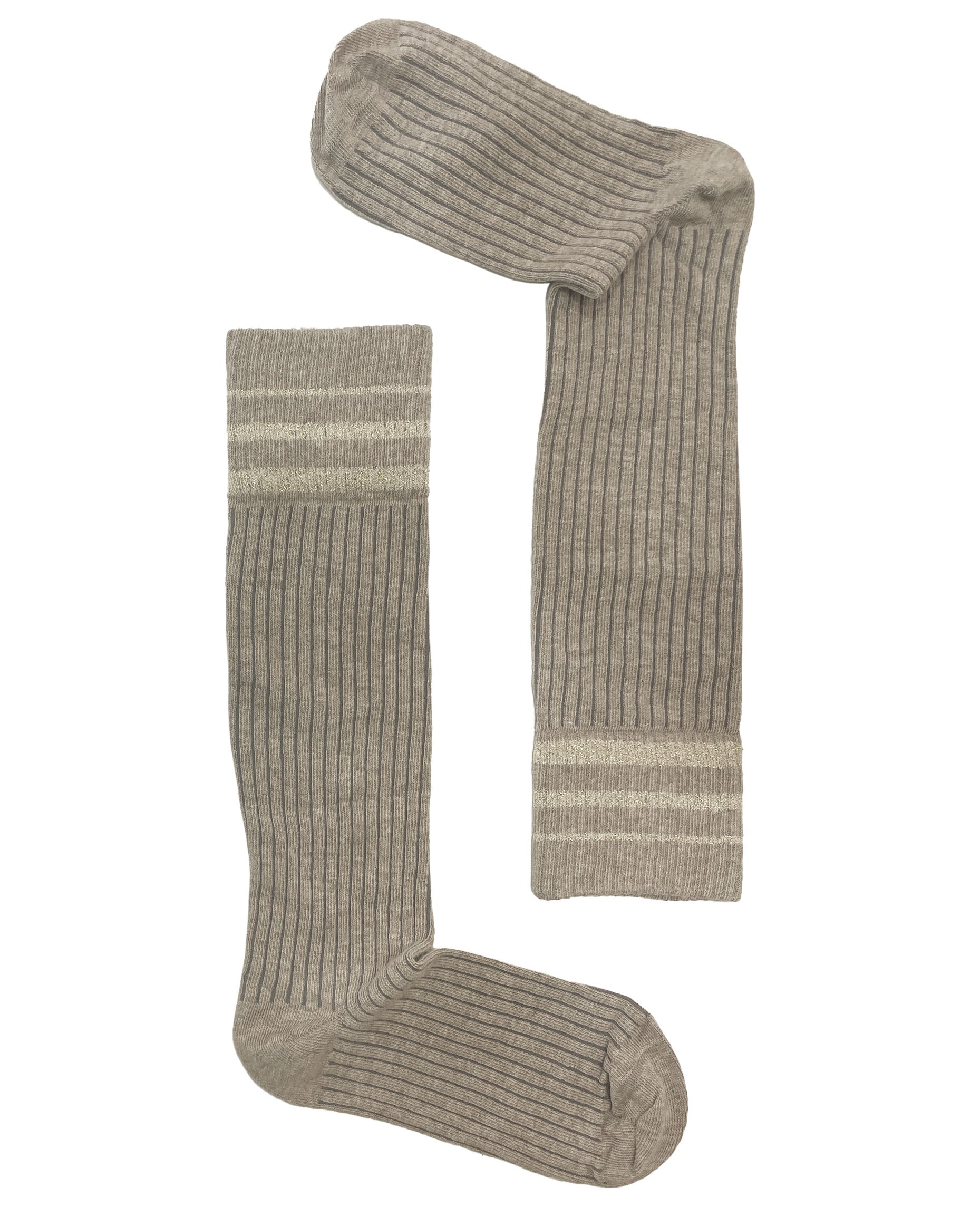 SiSi Pinstripe Gambaletto - Soft and warm oat / beige cotton ribbed knee-high socks with deep comfort cuff with contrasting gold lamé stripes