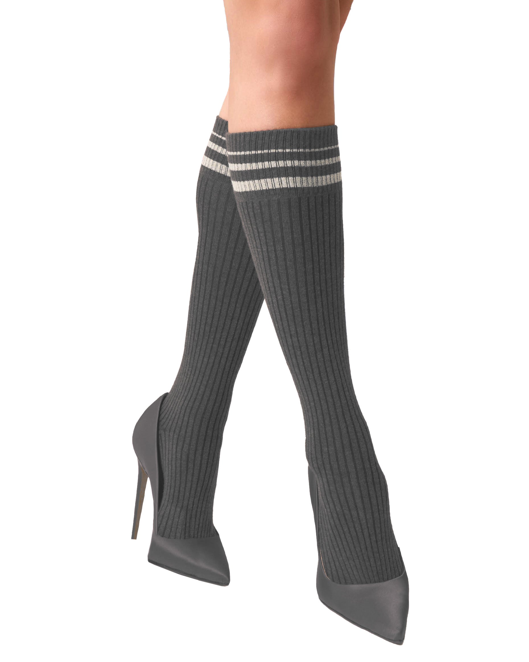 SiSi Pinstripe Gambaletto - Soft and warm dark grey cotton ribbed knee-high socks with deep comfort cuff with contrasting gold lamé stripes