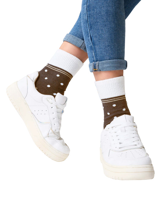 SiSi Puff Calzino - Brown cotton mix ankle socks with a contrasting cream fluffy faux fur polka dot pattern, double faux fur cuff with gold lamé stripe.