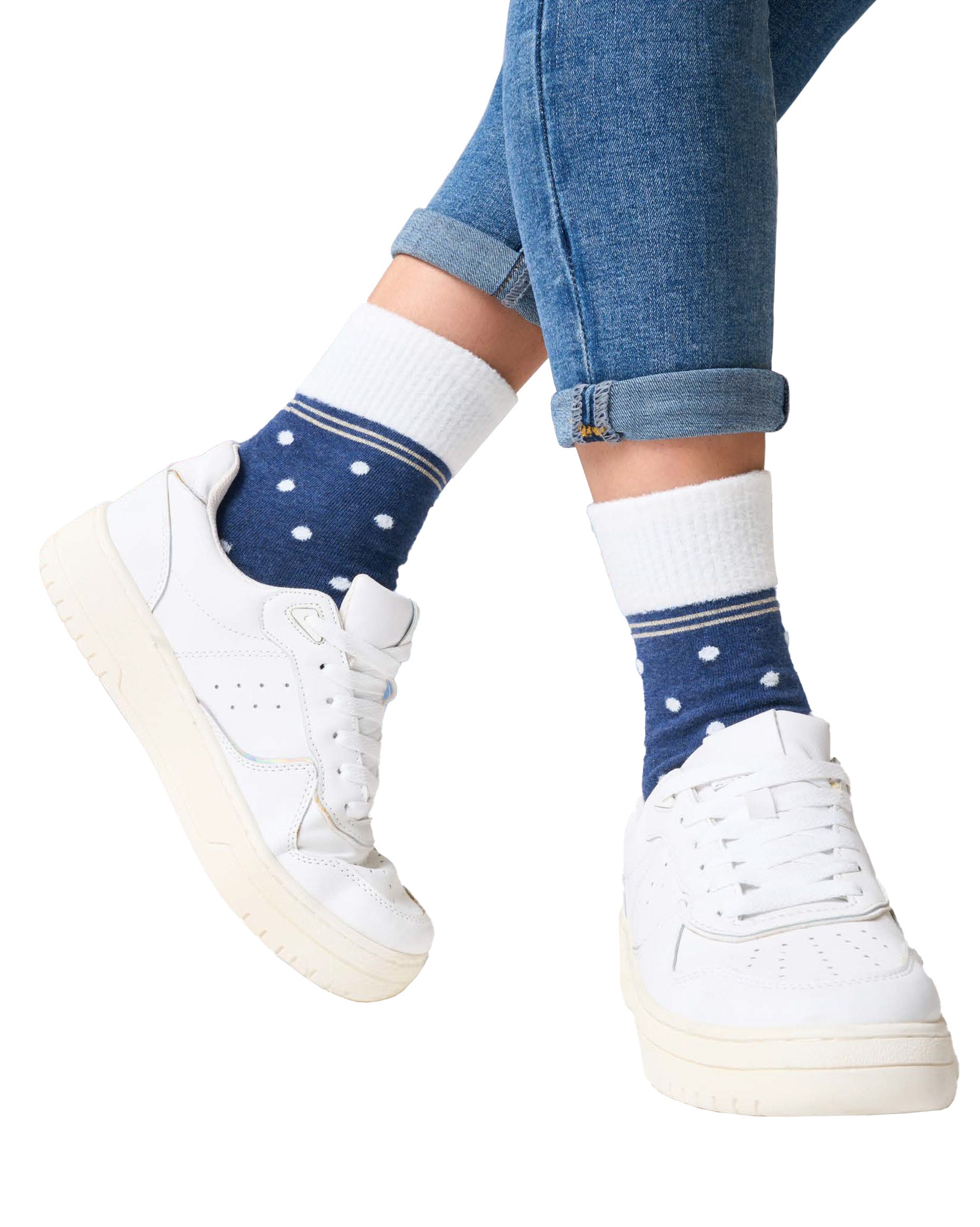 SiSi Puff Calzino - Denim blue cotton mix ankle socks with a contrasting cream fluffy faux fur polka dot pattern, double faux fur cuff with gold lamé stripe.