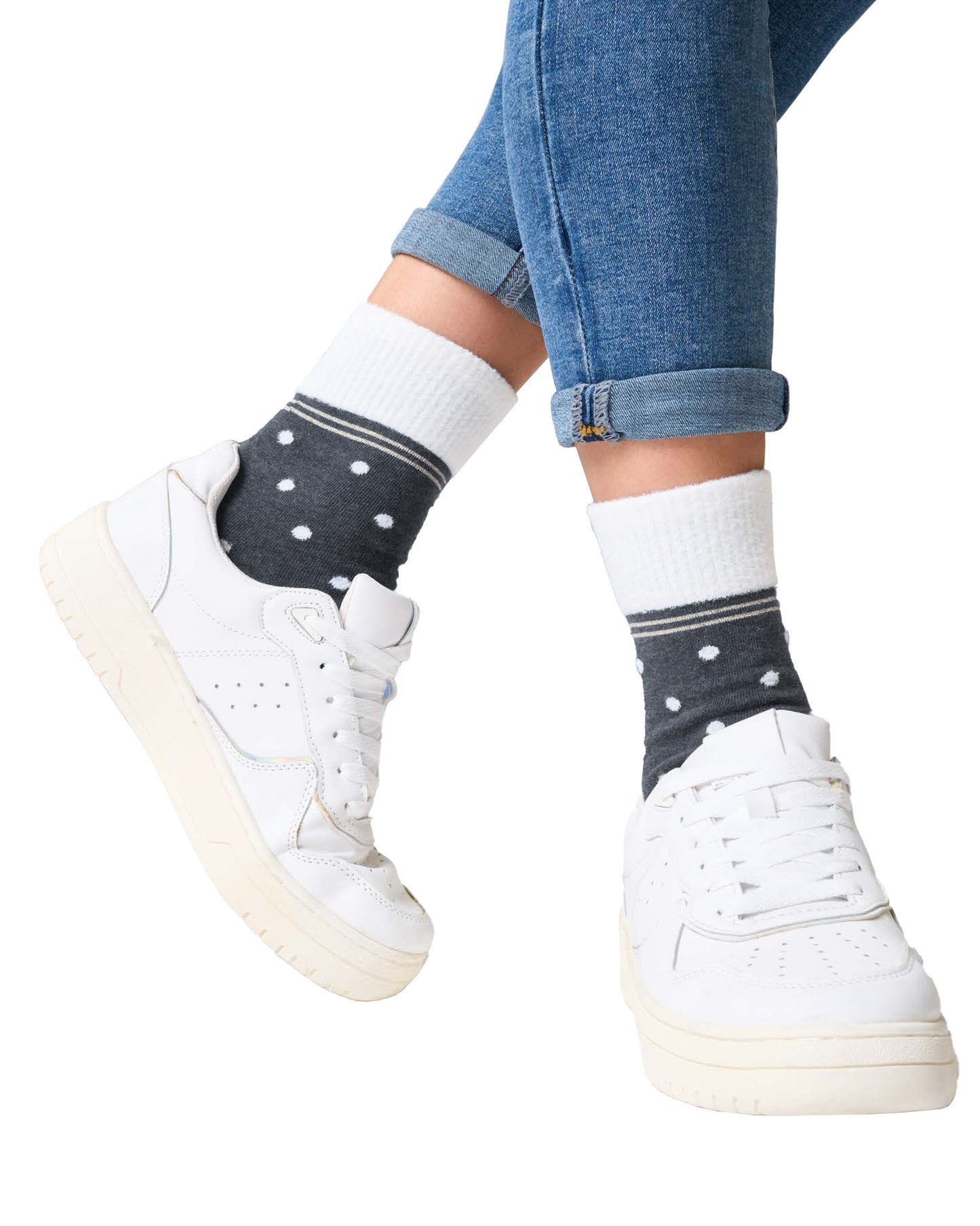 SiSi Puff Calzino - Grey cotton mix ankle socks with a contrasting cream fluffy faux fur polka dot pattern, double faux fur cuff with gold lamé stripe.